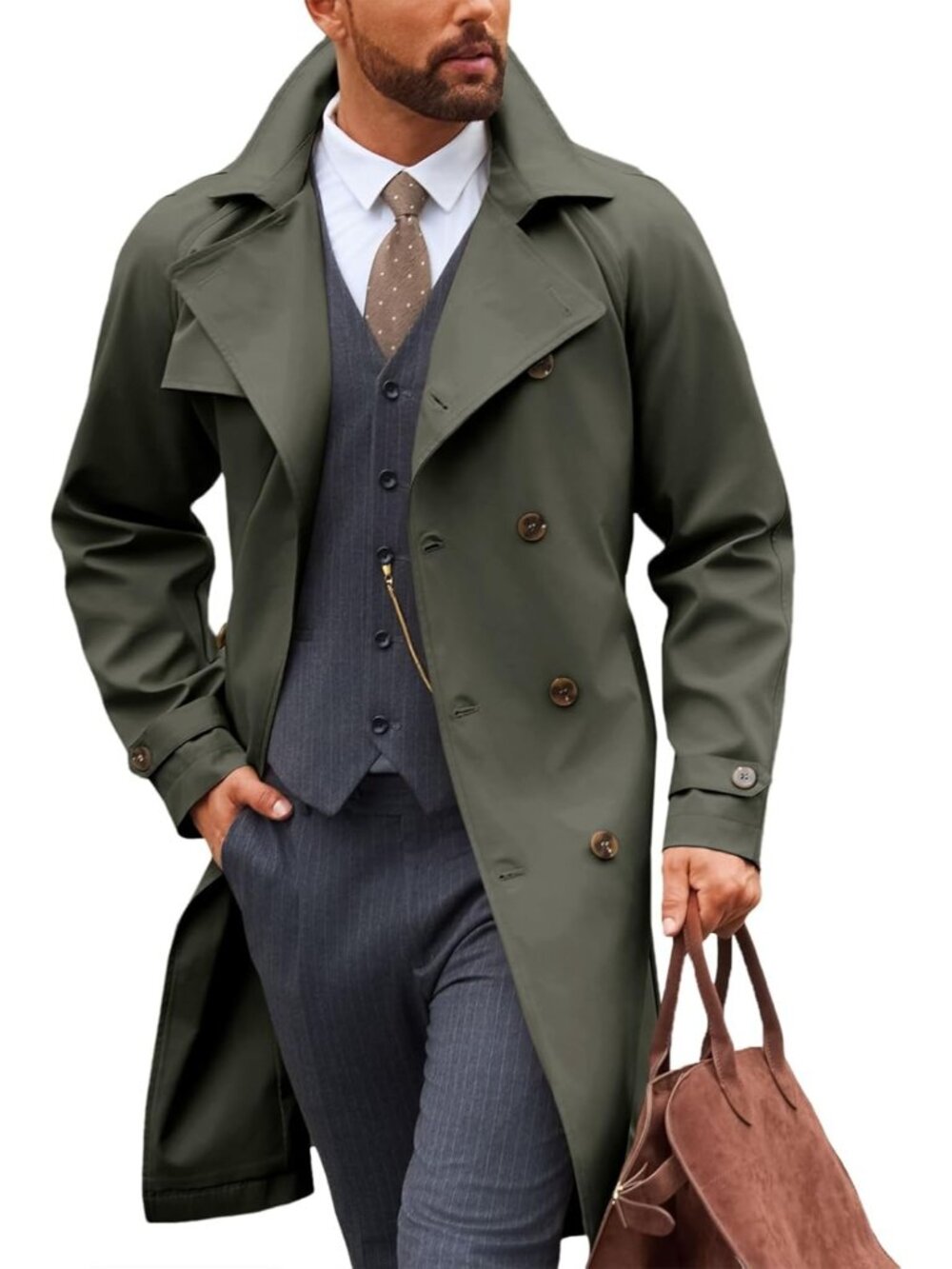 🆕 Mens Army Green Trench Coat Double Breasted Notch Lapel Casual Fall Long Over
